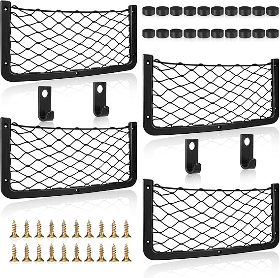 Van Storage Nets for Campervans Organisers, 36 cm x 18 cm, 4 Pack with Mounting Screws, Black Mesh Pockets for Caravan, Motorhome