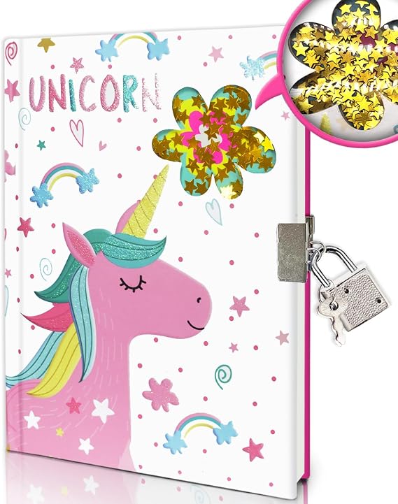 Girls' Diary with Lock 17.8 x 13.5 cm 80 Lined Sheets Shakeable Sequin Unicorn Notebook Girls Children Diary for Writing Teenagers Gifts Girls