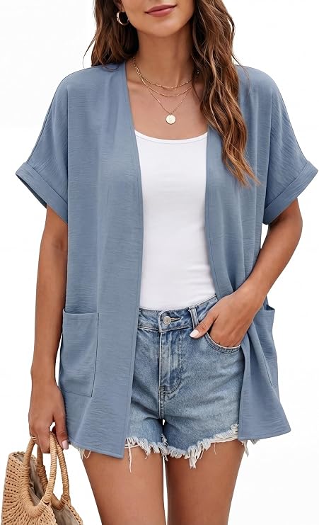 GRECERELLE Short Sleeve Cardigan for Women Lightweight Summer with Pockets Open Front Casual Beach Cover Ups 2026