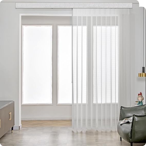 Graywind Manual Sheer Vertical Blinds Custom Size Adjust Light Fabric Sheer Free Wand Control Privacy Light Filtering Track Slats Set for Patio Sliding Glass Door Large Window (Wave White)