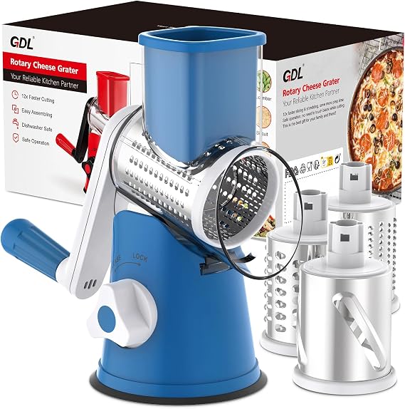GDL Cheese Grater Rotary, Vegetable Slicer, Grater Kitchen Fast Cutting for Time Saving, Rotary Grater Suitable for Vegetable, Fruit, Nut, etc. with 3 Interchangeable Drum Blades, Blue