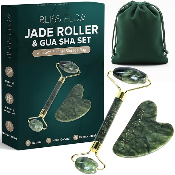 Jade Roller & Gua Sha Set Natural Jade Face Roller for Puffiness, Wrinkles & Lifting Cooling Facial Massage Tool for Glowing Skin, Stress Relief & Skincare Absorption
