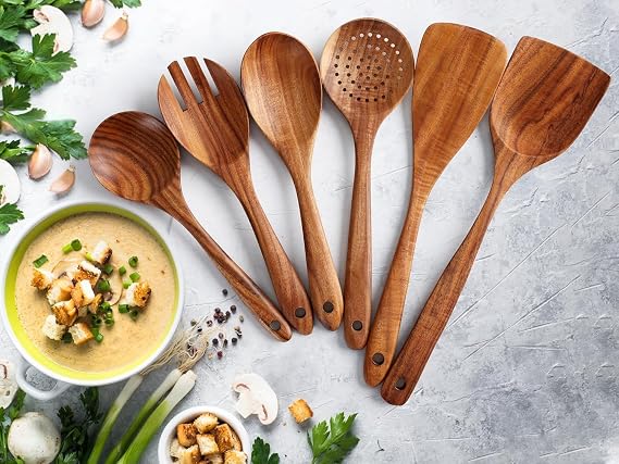 6-Piece Natural Teak Wood Cooking Utensil Set for Nonstick Cookware Spatula, Turner, Skimmer, Salad Fork and Serving Spoons
