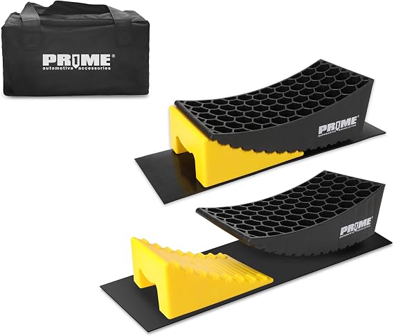 PR1ME RV Leveling Blocks, Heavy Duty Camper Leveler Kit, 2 Pack Curved RV Levelers with Anti-Slip Mats & Wheel Chocks, Faster Leveling System for Travel Trailer, Motorhome & Dual Axles