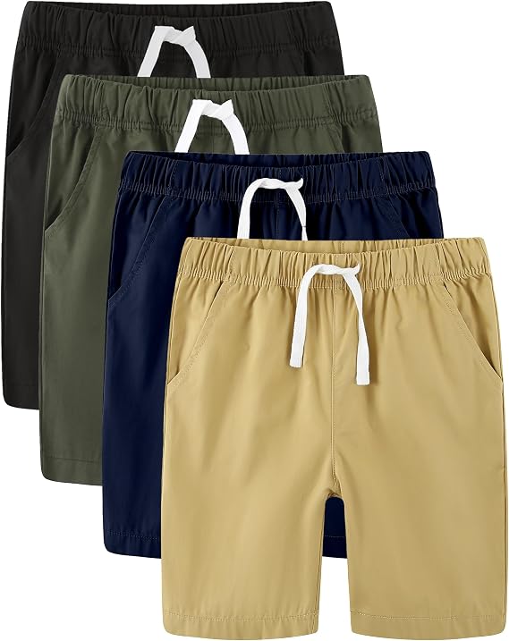 Boys Khaki Cotton Shorts,4 Pack Elastic Waist Drawstring Shorts with Pockets 4-16 Years