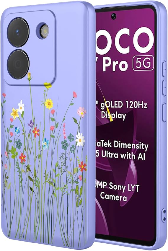 Phone Case for Xiaomi Poco M7 Pro Case, 2409FPCC4 Shockproof Flexible Bumper TPU Soft Cases Flower Pattern Cover for Xiaomi Poco M7 Pro 5G Purple Flower