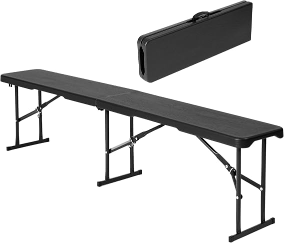 Durable 6ft Folding Bench Seat - L 70.87’’ x W 11.02’’ x H 16.93’’ (180 x 28 x 43 cm) - Portable Black Plastic Bench with Convenient Carry Handle - Perfect for Garden, Picnic, Party, and Camping