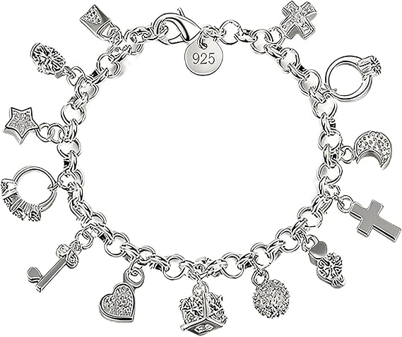 925 Sterling Silver Charm Bracelet for Women, Dainty Pendant Link Chain | Heart, moon, star and cross charms on a delicate 925 sterling silver bracelet, an elegant gift for women, teens and mums.