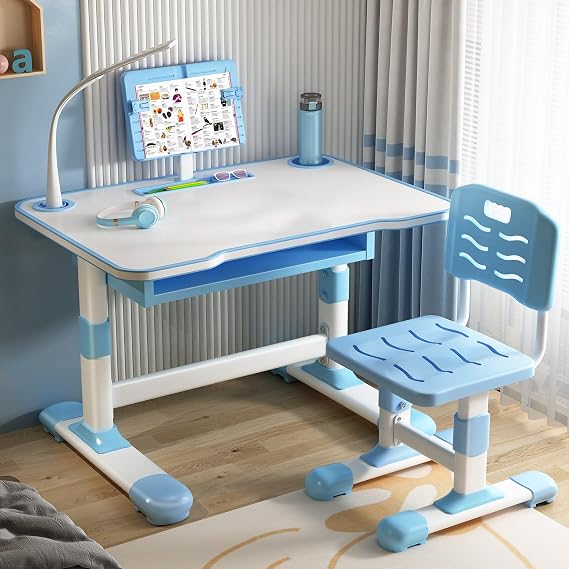 Kids Study Desk Chair Set,Adjustable Height Children's Study Table with LED Table Light & Tiltable Reading Stand,Toddlers Writing Table Ergonomic Study Station Bedroom Children Learning Table Blue