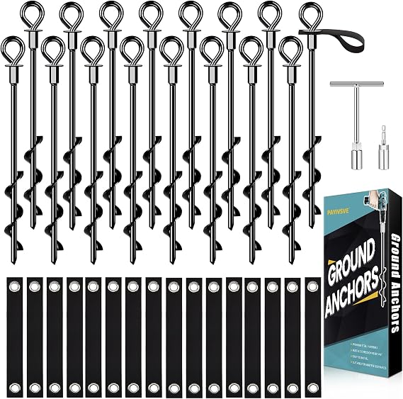 Trampoline Anchors Stakes Ground Anchors Screw-in with Straps,Black-16x15in