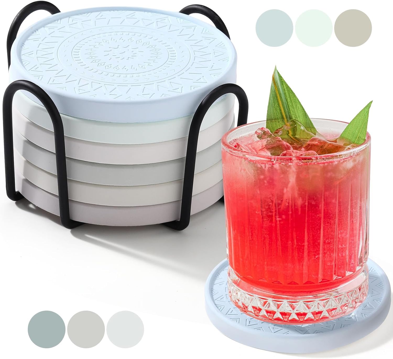Photect Diatomaceous Earth Coasters Set with Holder Absorbent Stone Drink Coasters Instant Drying Tray for Tabletop Protection Home Decoration Housewarming GiftGreen,6 Pcs