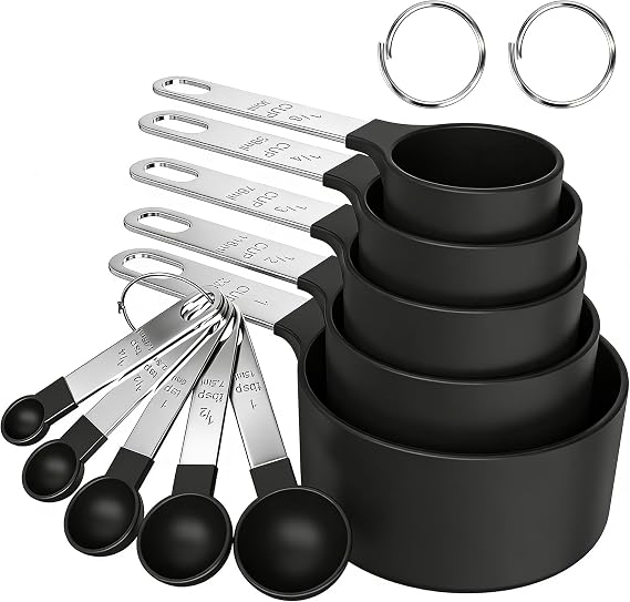 10-Piece Measuring Cups and Spoons Set, 5 Measuring Cups & 5 Spoons with Stainless Steel Handles, Dishwasher Safe & Stain Resistant, Nesting Set for Dry & Liquid Ingredients(Black)