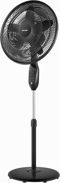 PELONIS 18" 5-Blade Adjustable Oscillating Pedestal Fan with Remote, Black | Black Standing Fan with 90 Oscillation and 24 Tilt, 5-Speeds, 4 Modes, Eco Control, 7-Hr Timer for Living Room and Office
