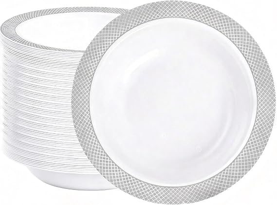 I00000 100 Silver Plastic Bowls,12 OZ White Disposable Bowls,Fancy Plastic Salad Bowl,Premium Heavy Duty Disposable Soup Bowl for