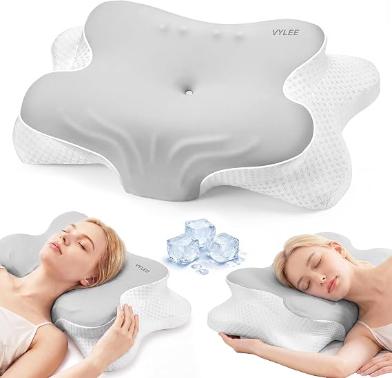 VYLEE Cervical Neck Pillow, Memory Foam Contour Pillow with Cooling Cover | Neck pain relief,Ergonomic Neck Support Bed Pillow for Side/Back/Stomach Sleepers,Grey