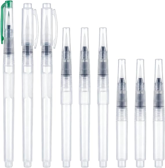 Watercolour Brush Pens 9 Pack, Water Brush Pen with 3 Sizes, Refillable Reservoir for Watercolor Painting and Sketching