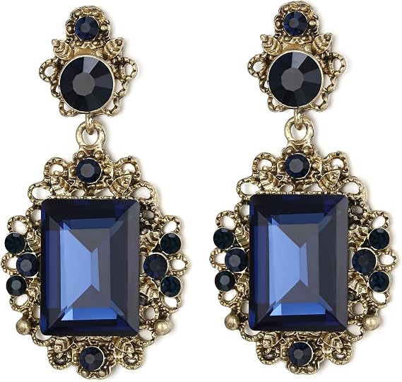 Victorian Style Statement Dangle Pierced Earrings for Women, Stunning Shiny Crystal Inspired Emerald Cut Earring for Costume Party Prom Jewellery Acessories