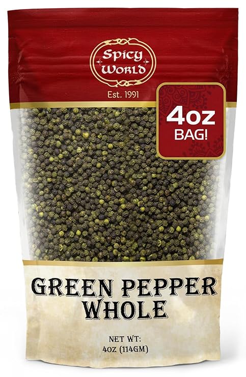 Spicy World Whole Green Peppercorns 4 Oz Bag - Steam Sterilized & All Natural