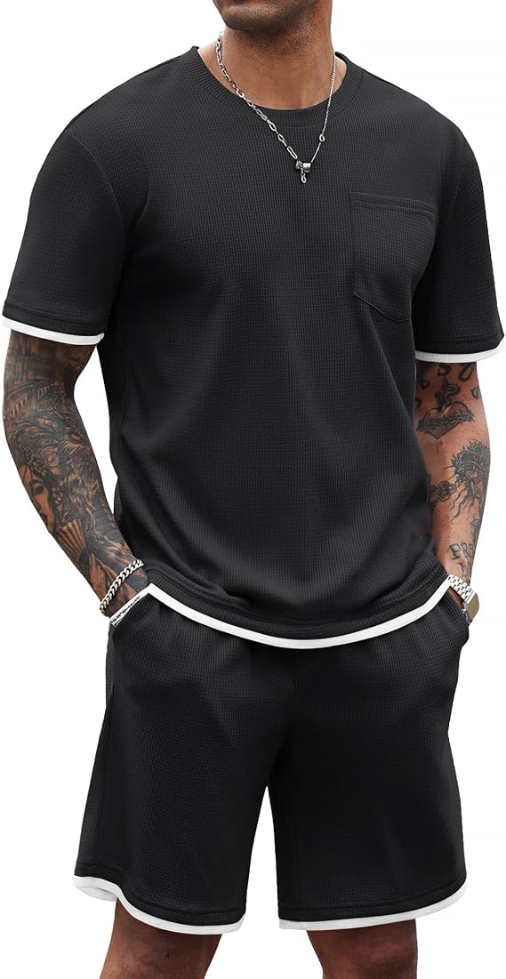 COOFANDY Men's Waffle Shirt and Shorts Set 2 Piece Outfits Casual Summer Tracksuits Set with Pockets