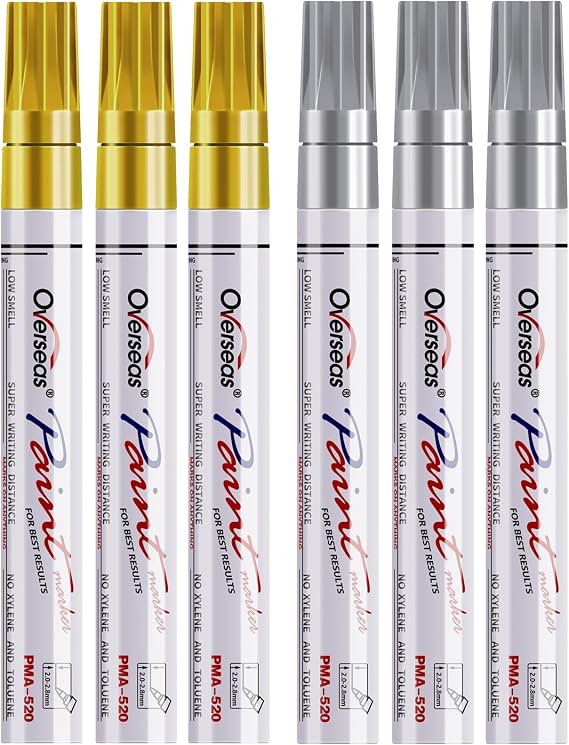 Overseas Gold and Silver Paint Pens, 6 Pack Oil Based Paint Markers | Medium Tip, Waterproof, Quick Dry, Fade Resistant, Metallic Permanent Marker for Metal, Wood, Rock, Glass, Plastic, Rubber