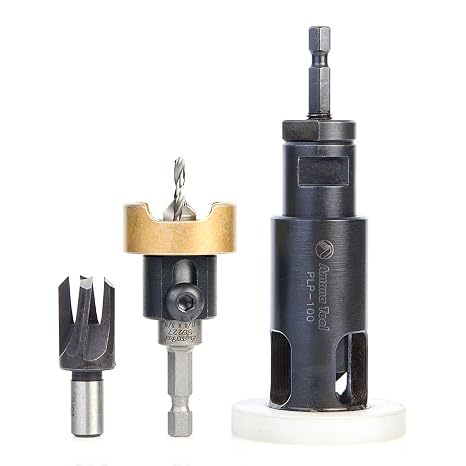 Amana Tool Woodworking Countersink Set, AMS-306, 3-Piece | Carbide Tipped with Adjustable Depth Stop and No-Thrust, No Marring Ball Bearing, with Plug Cutter and Planer Pack