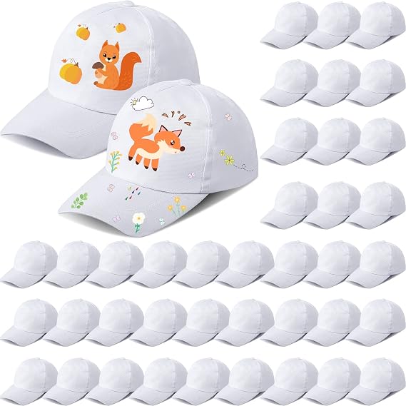 Xtinmee 50 Pieces White DIY Hats for Kids White Baseball Caps Adjustable Back Strap Blank Baseball Hats for Kids Class Project DIY Making, Painting, Hiking, Camp, Sport Outdoor Activities
