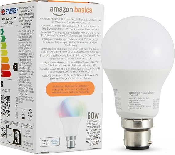 Amazon Basics Smart Multicolor LED Light Bulb, B22 Base, 8W (60W Equivalent), Works with Alexa Only, 1 Pack [Energy Class F]