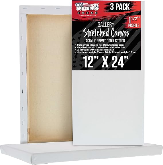 U.S. Art Supply 12"x24" Stretched Canvas for Painting, Gallery Depth 3-Pack