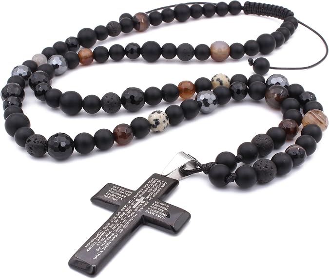 Men's Cross Pendant Gemstone Beaded Necklace, Natural Stone Shamballa Inspired Necklace, Onyx Beaded Necklace, Rosary Prayer Necklace Crux Crystals Men's Jewelry
