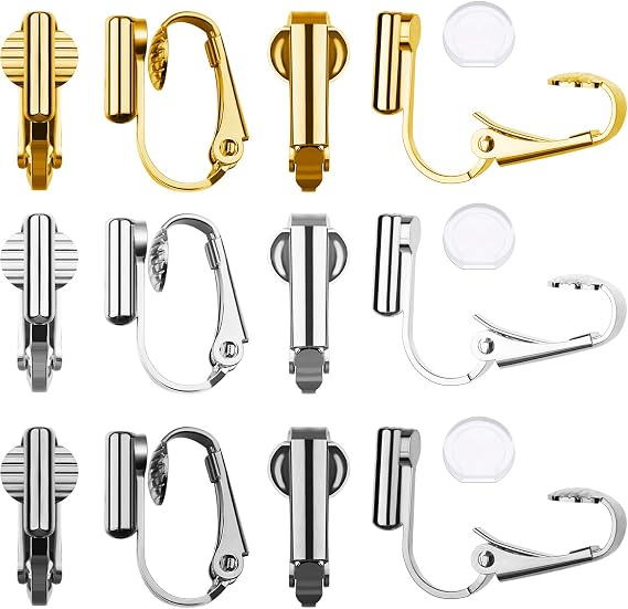 Tatuo 9 Pairs Clip-On Earring Converter Comfort Pads,Gold,Silver,Steel | Converts Pierced Earrings to Clip Style, Soft Silicone Pads for Comfort, Lever-back Design for Non-pierced Ears, Gift Ready