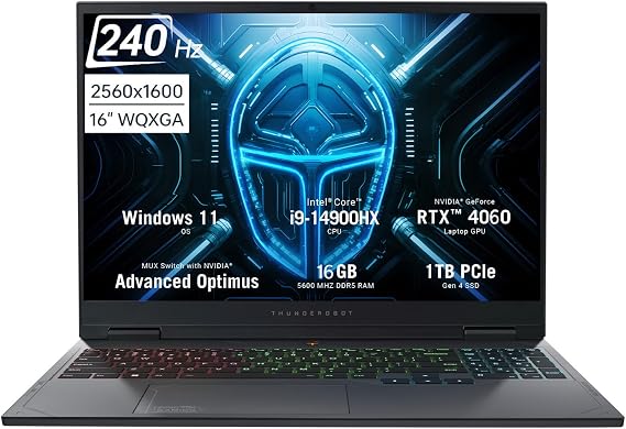 WEELIAO Thunderobot Hunter Blade R16 (2024) Gaming Laptop, 16" QHD+ 240hz 2.5K Display, i9-14900HX, RTX 4060, 16GB DDR5 RAM, 1TB SSD, RGB Backlit Keyboard, Wi-Fi 6, Windows 11 Home, Grey