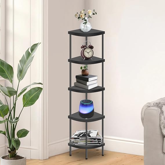 Qupui 5 Tier Corner Shelf Stand, Tall Display Rack Multipurpose Shelving Unit, Storage Home Decor Organizer Shelves for Bedroom Living Room, Black