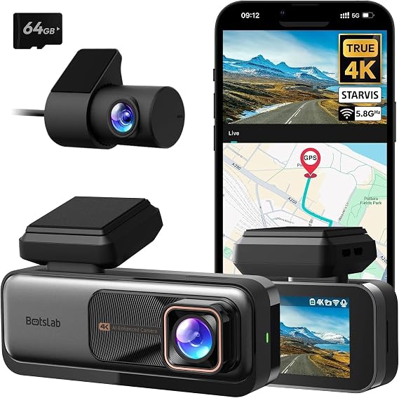 BOTSLAB 980h 4K Ön ve Arka, 4K Araba Dash Cam Ön ve 2K Arka Kamera, Gece Görüşü, STARVIS Dash Cam, ADAS, 170° Geniş Açı, Dahili GPS ve WiFi, 24/7 Park Modu, 64 GB SD Kart Dahil