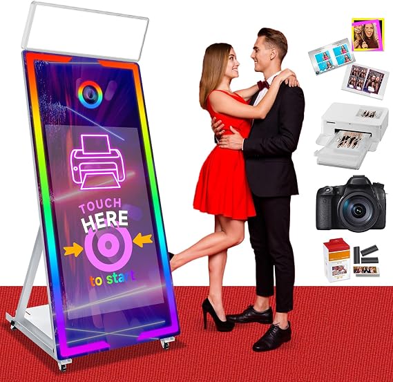 Magic Mirror Photo Booth 65 with with Camera and Printer, Selfie Mirror Photo Booth App Remote Control RGB Light, Instant Print and Sharing 43 Touch Screen for Event Party Wedding Rental