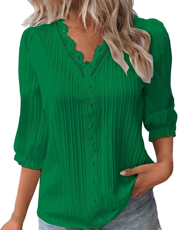 Blouse for Women 3/4 Length Sleeve Womens Tops Eyelet Tops for Women Summer Trendy 2025 V Neck Lace Shirts Dressy Casual Blouses Fall Fashion Clothing Green Blusas De Verano para Mujer 2025 XL