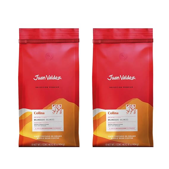 Juan Valdez Colina Whole Bean Coffee - Medium Roast | 16 oz - 100% 100% Colombian Coffee | Unique Caracolito Beans with Peach & White Chocolate Notes | 2 Pack