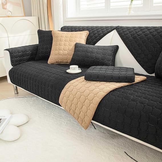 Sofa Slipcovers Quilted Corner Sofa Cover，Sofa Slipcovers I/l Shape Waterproof，Sofa Cushion Covers 3/4/2/1 Seater Velvet，Recliner Sofa Covers(Black,90x120cm)