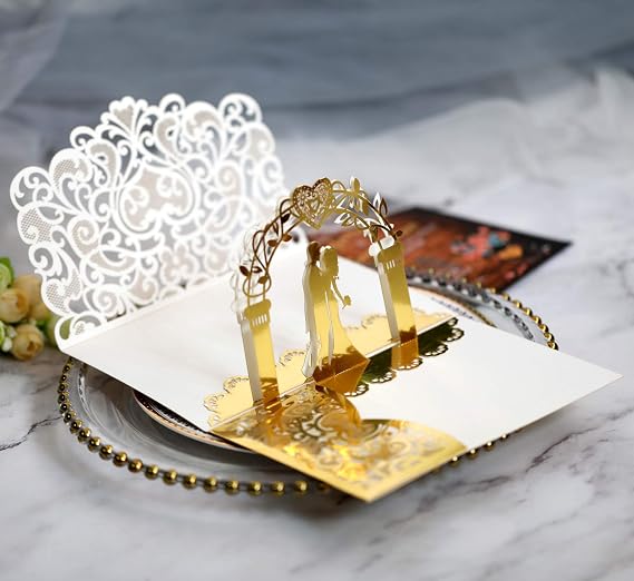 NC 10 Pack Gold 3D Pop Up Wedding Invitations - Elegant Bride & Groom Design Anniversary Cards for Wedding Party Celebrations (7.2x5 inch)
