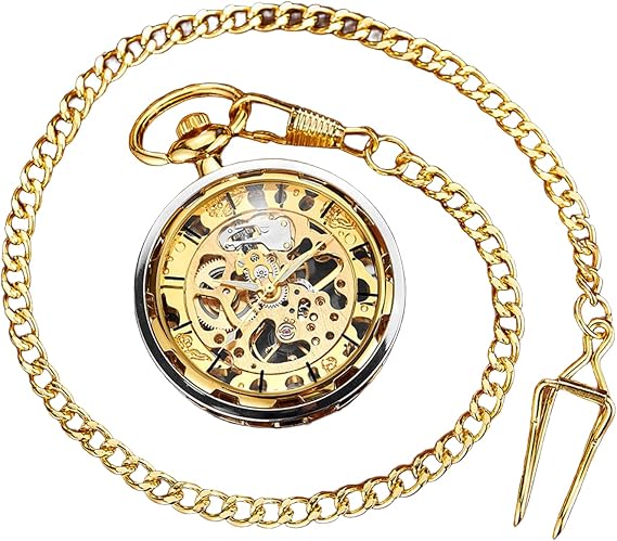 Men's Pocket Watch Steampunk Mechanical Pocket Watches with Chain for Daily Holidays Use Christmas Birthday Fathers Day Anniversaries with Gifts Box,Gold