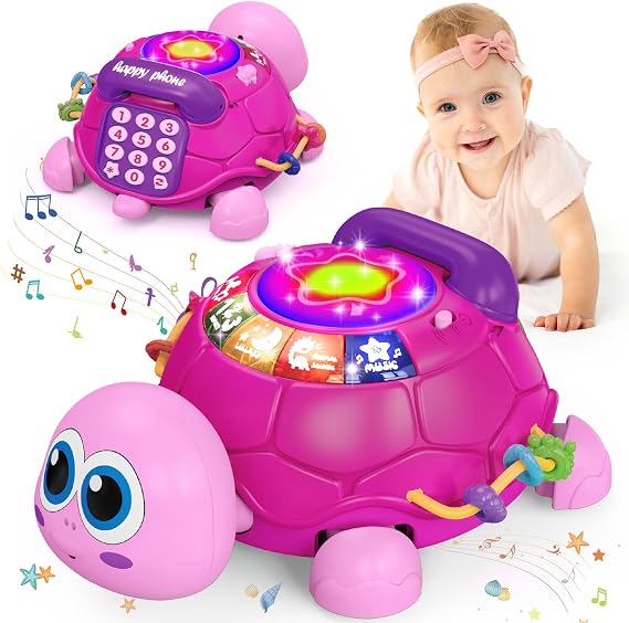 Ussybaby Musical Turtle Baby Toys 6 to 12 Month,Infant Light-up Musical Tummy Time Toy with Phone,Baby Crawling Toys for 7 8 9 12 Months Old,Easter Birthday Girl Gift for 3 4 5 Month+(Pink)