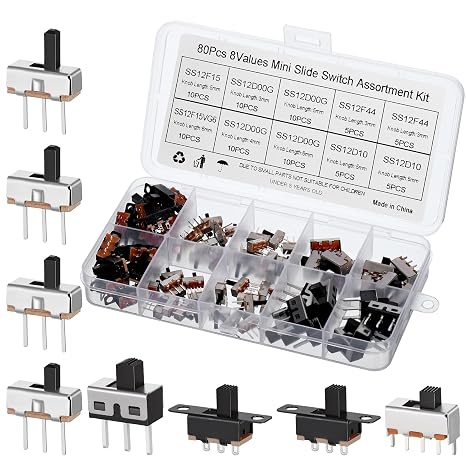 80PCS Spdt Slide Switch Set, Mini Micro Switch 1p2t 2 Position 3 Pin Vertical Panel Mount Toggle Switches, Assortment Kit for Pcb