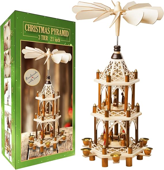 German Christmas Decoration Pyramid - 21 Inches - Wood Nativity Scene Set - Under the Christmas Tree and Table Top Holiday Decor - Nativity Play 3 Tiers Carousel with 6 Candle Holders - German Design