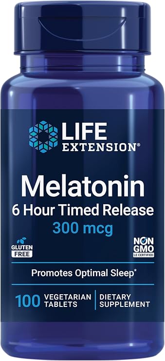 Life Extension Melatonin 6 Hour Timed Release, 300 mcg, Extended-Release Formula for Gentle Sleep Support, Healthy circadian Rhythms, Cellular Defense, Gluten-Free, Non-GMO, Vegetarian, 100 Tablets | Extended-Release Formula Supports Healthy Sleep, Circadian Rhythms & Cellular Defense, Gluten-Free, Non-GMO & Vegetarian