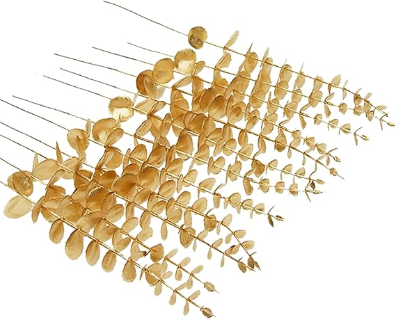 24Pcs Golden Artificial Eucalyptus Stems,15-inch Faux Branches Leaves,Artificial Eucalyptus Branches,Permanent Golden Leaves,Perfect for Styling Vases,Tabletops,and Wedding Celebrations