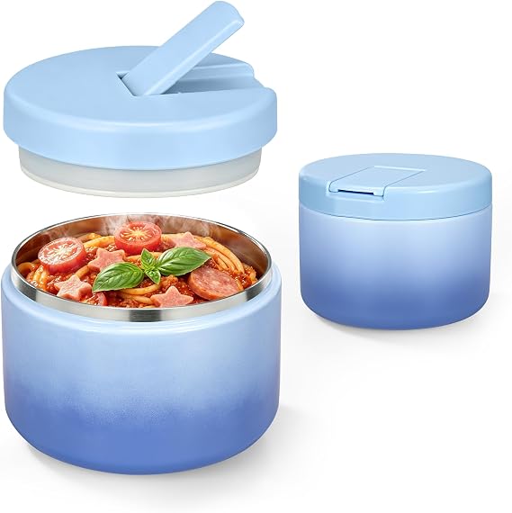 Pawtong 12oz Insulated Vacuum Food Jar with Buckle Lid Wide Mouth Soup Thermo for Hot Food Kids Leakproof Stainless Steel Lunch Container (Gradient Blue, 12OZ)