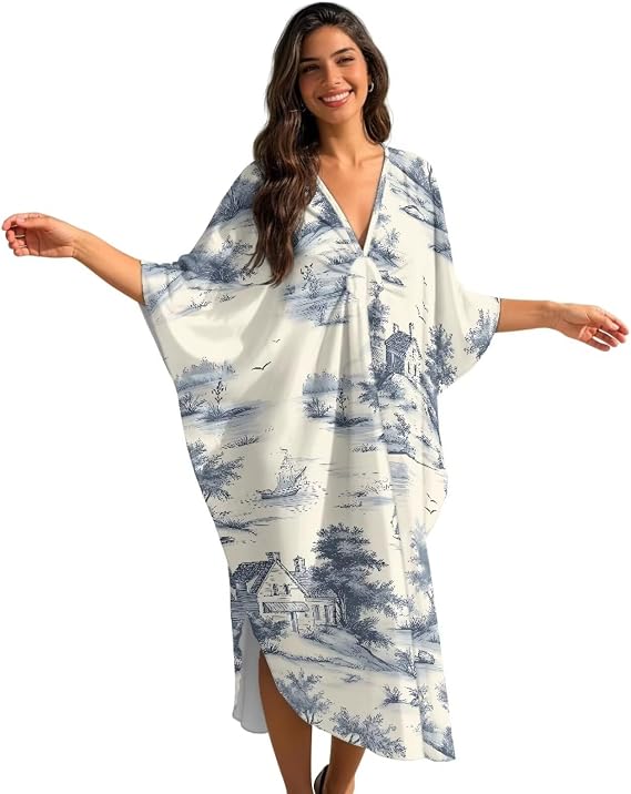 Women's Kaftan Dresses Plus Size Bathing Suit V-Neck Batwing Sleeves Cover up Caftan Maxi Beach Dresses for Summer