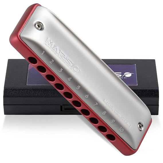 Mars 10 Hole Red Diatonic Harmonica,Blues Harp,Mouth Oragn Key of D,Gifts for Beginners,Adults and Professional