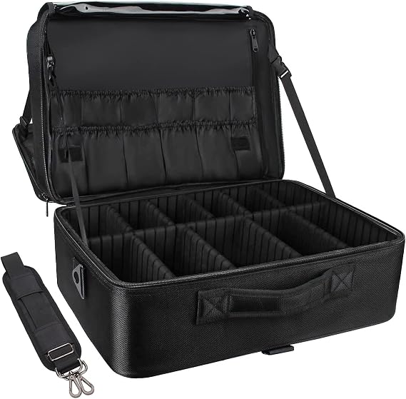 Relavel Extra Large Makeup Case Travel Makeup Train Case Professional Makeup Artist Bag Portable Nail Organizer Box Art Supply Case with Adjustable Dividers/Attach to Trolley/Shoulder Strap (Black)