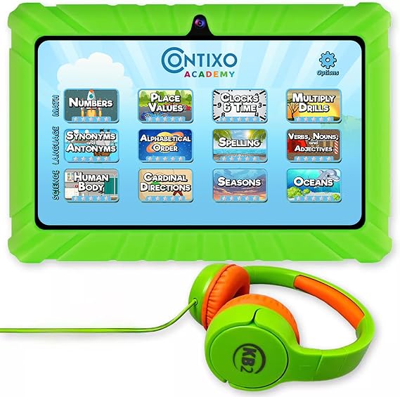 Contixo Kids Tablet Bundle, 7" Learning Tablet with Headphones, Green