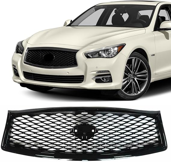 Front Bumper Cover Upper Grille Replacement Shroud Front Air Inlet Black Grille Fit 2014-2017 for Infiniti Q50